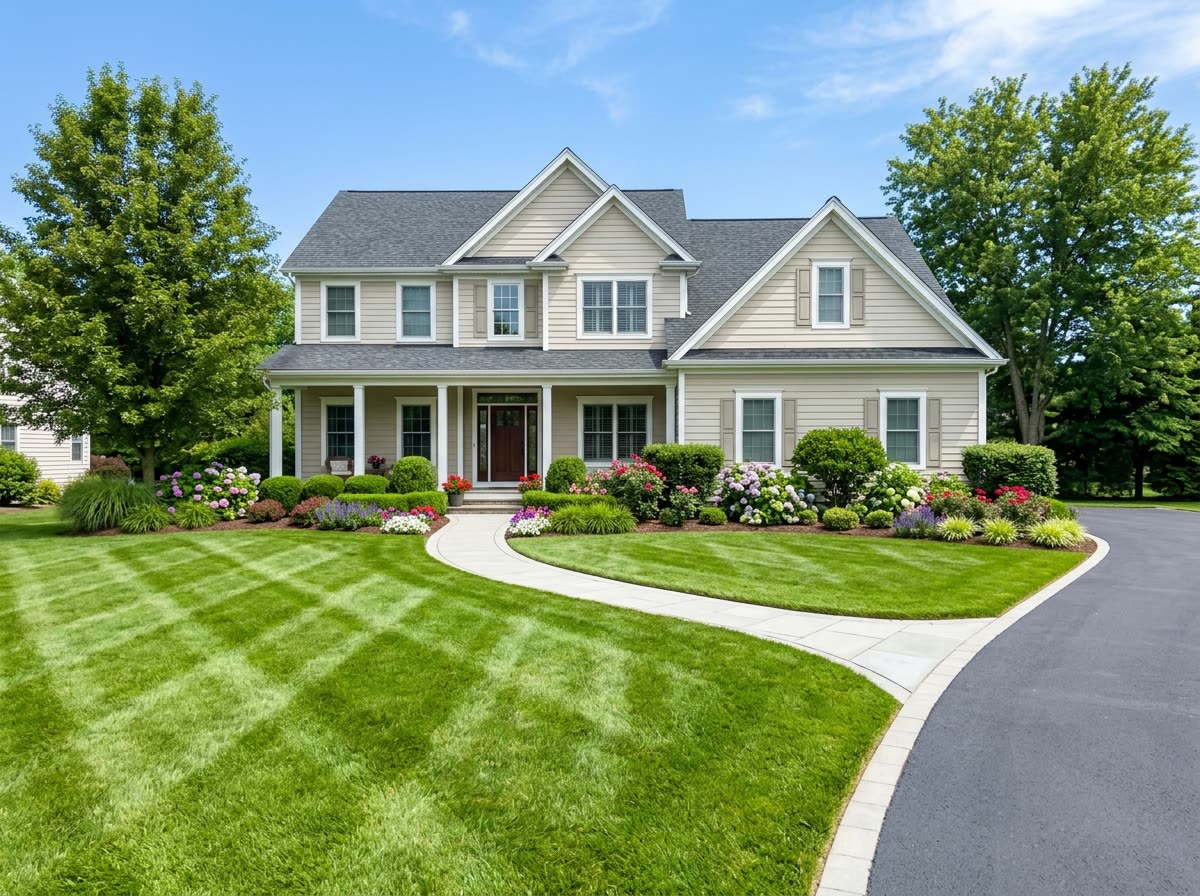 Front-yard curb appeal with a flawless striped lawn and flower beds