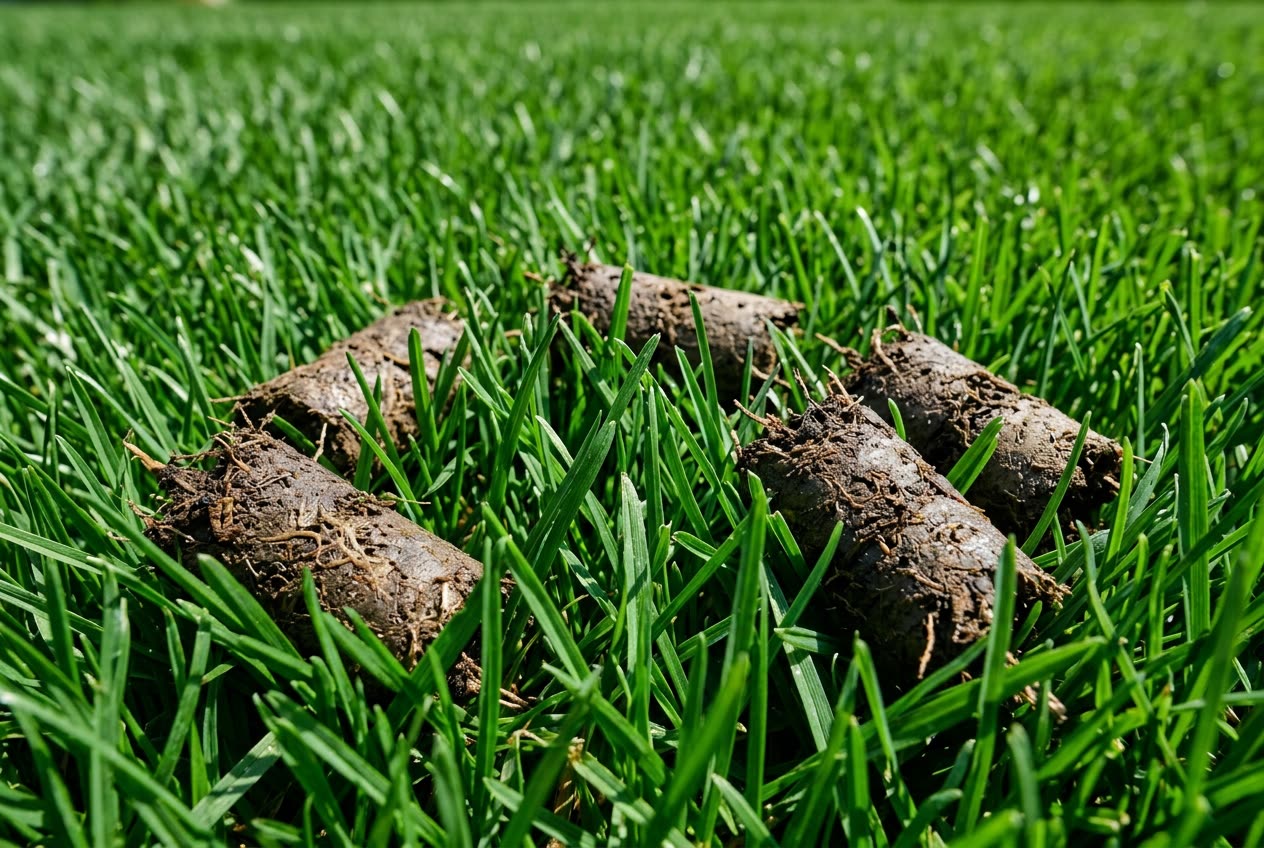 Soil core plugs on lush healthy dark-green turf after aeration