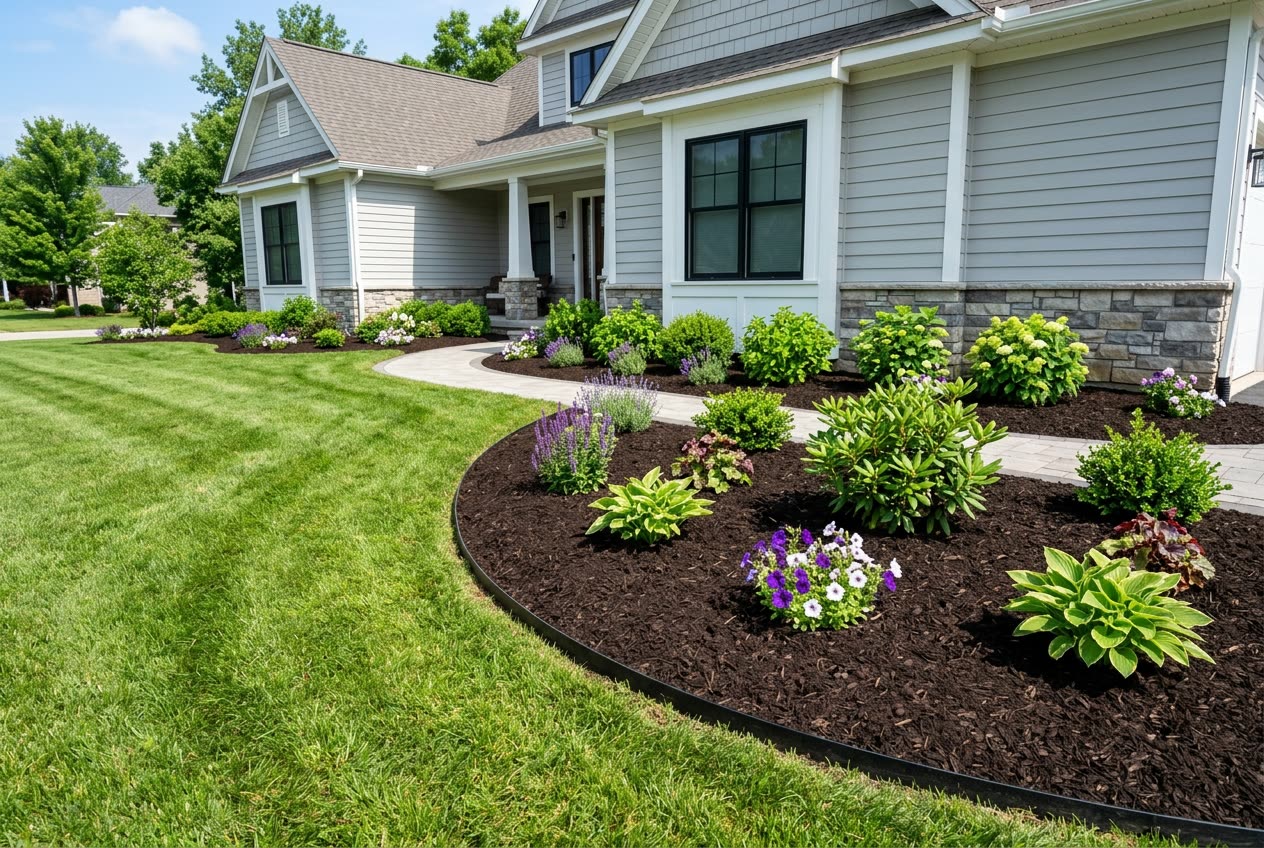 Fresh dark mulch beds with healthy shrubs and clean edging beside a home