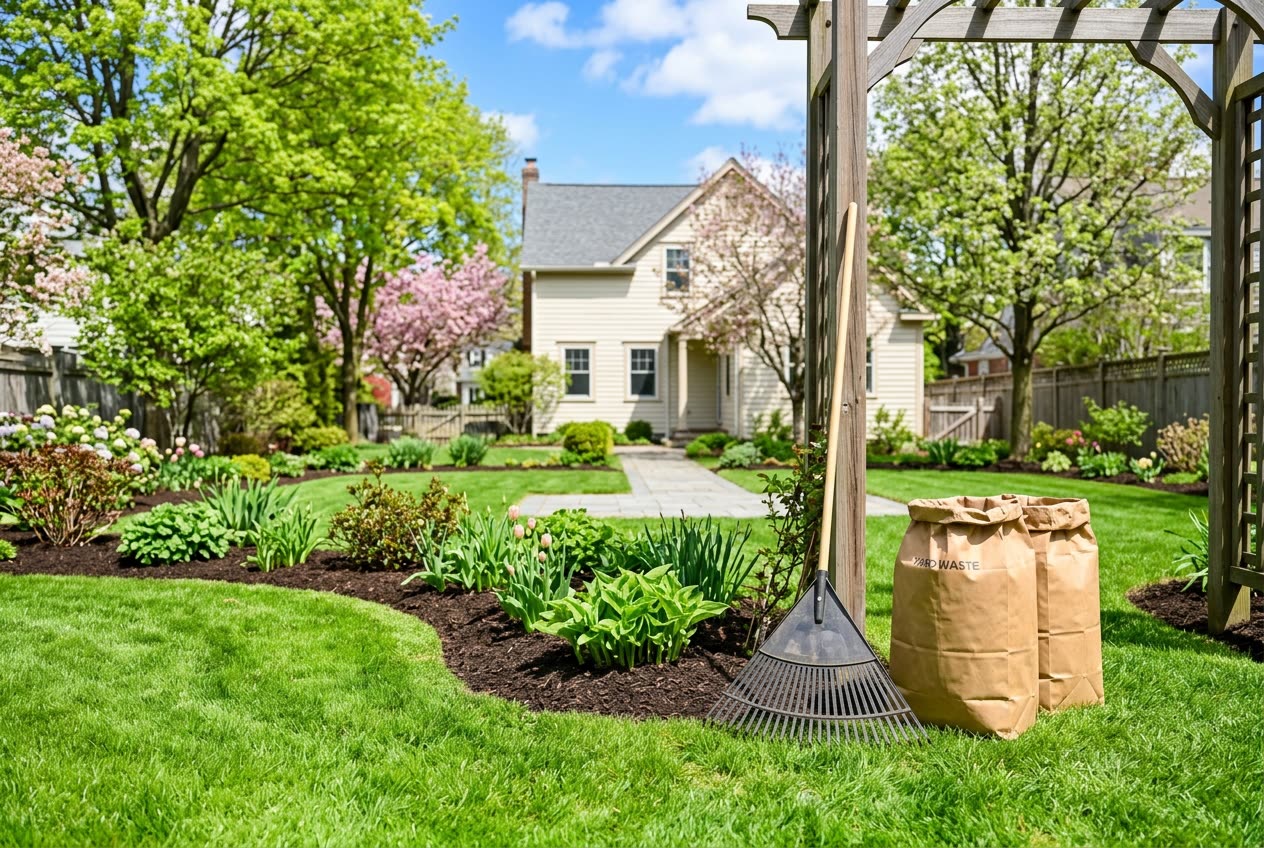 A tidy spring backyard after a cleanup with a rake and yard-waste bags