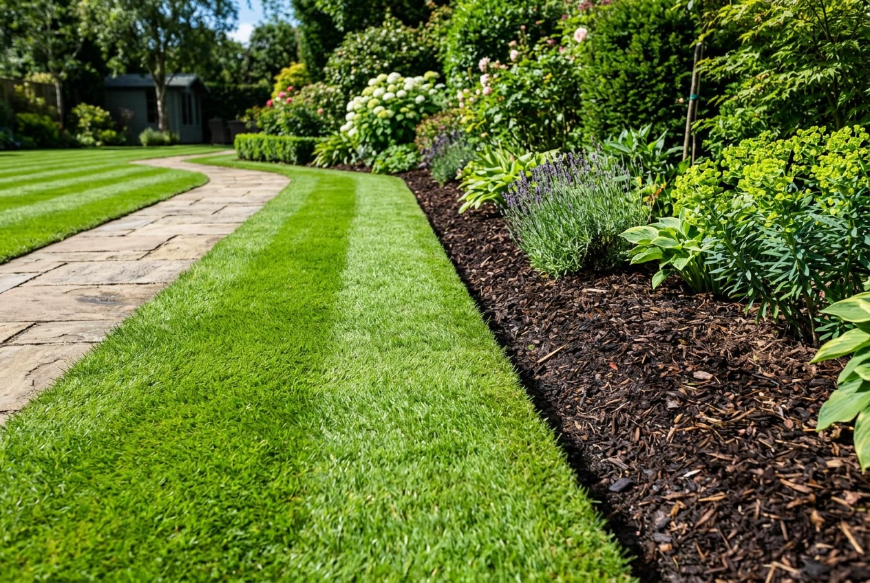 A crisp edge separating a striped green lawn from a dark mulch bed