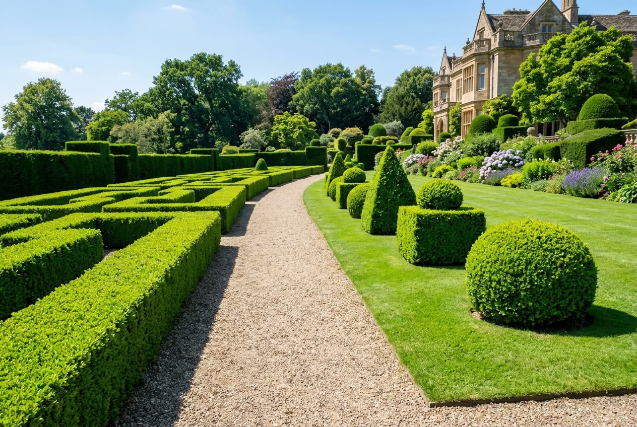 Neatly trimmed geometric hedges with crisp clean edges