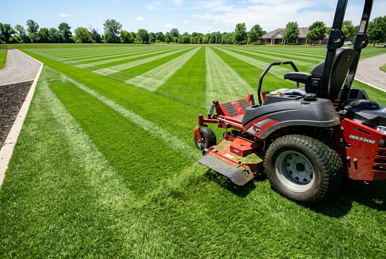 Freshly striped green lawn being cut by a professional zero-turn mower